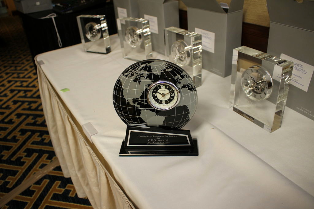 Awards arranged on a table