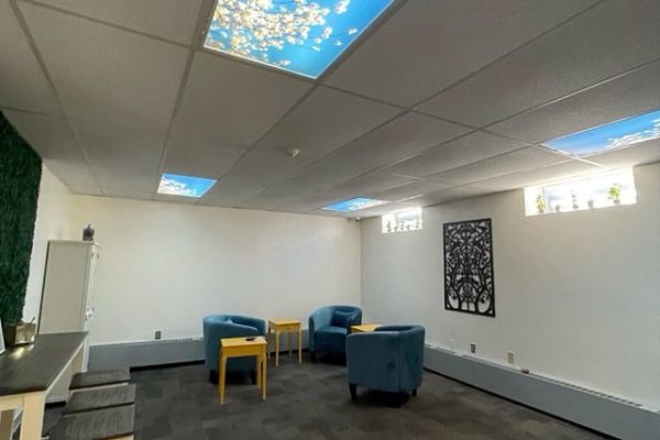 A spacious room with white walls, bright blue upholstered chairs, wooden tables, and sunlit windows